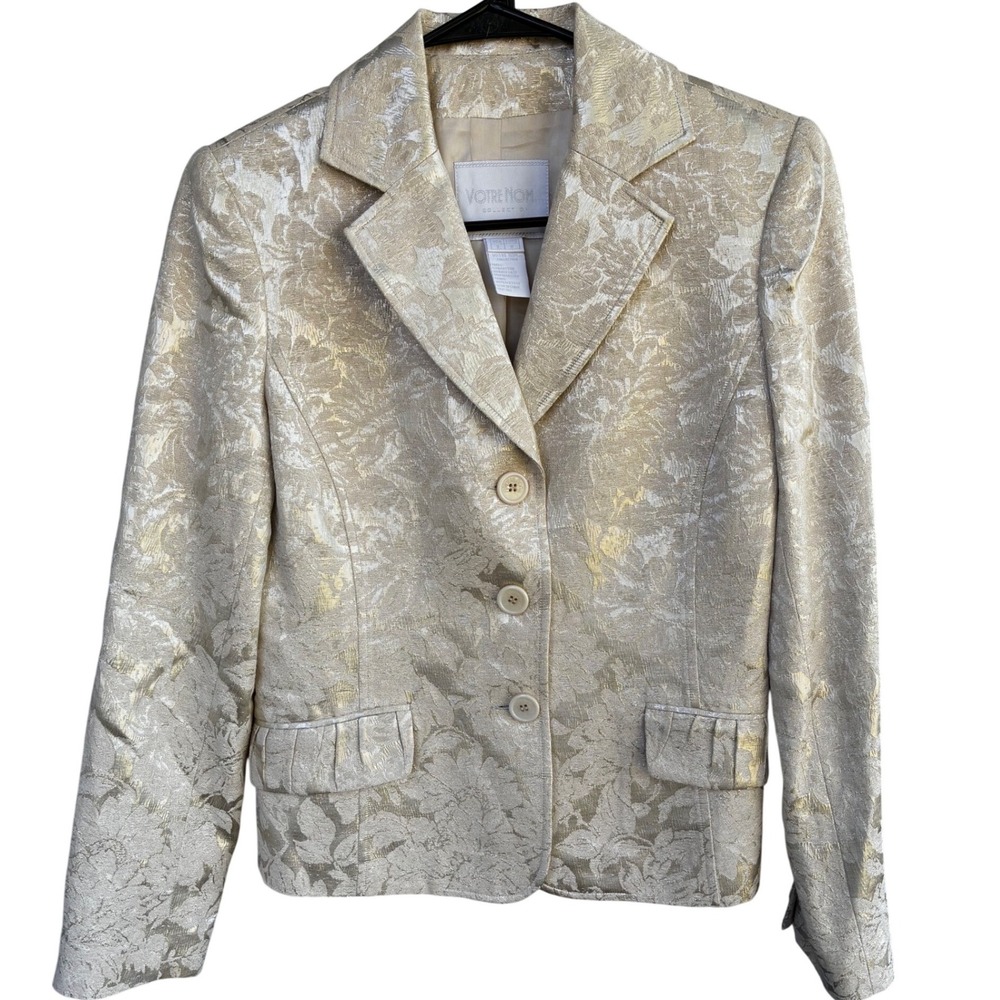 Votre Nom Womens Gold Metallic jacquard Floral Blazer Jacket Size 2‎ Evening
